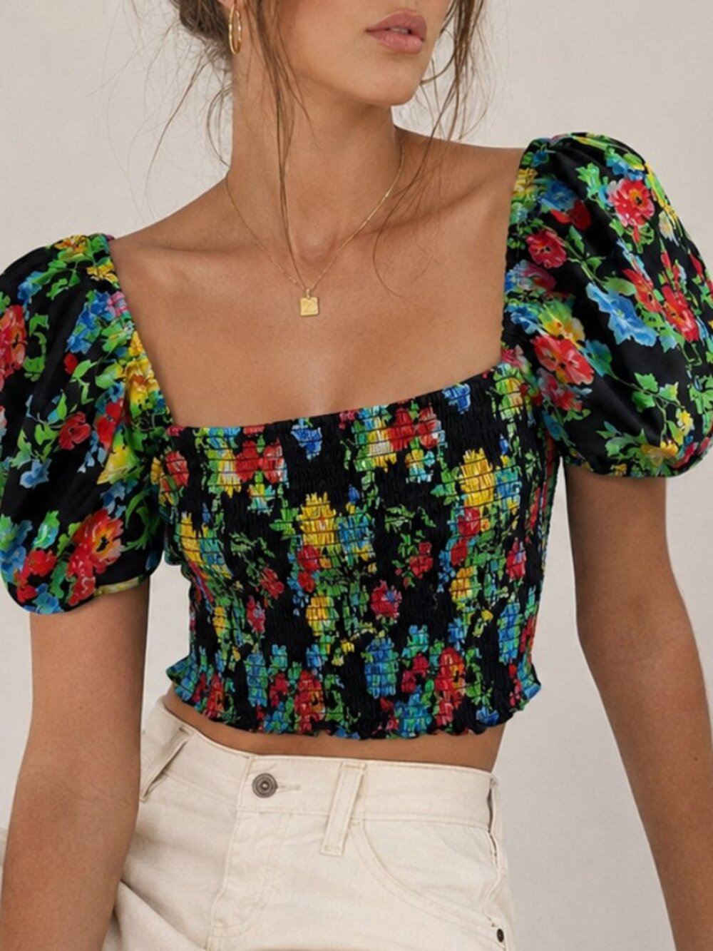 Caroline Constas Smocked Multicolor Floral Crop Top Size M